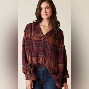 Free People Come On Over Plaid Top Oversized Wine/Maroon Size XS